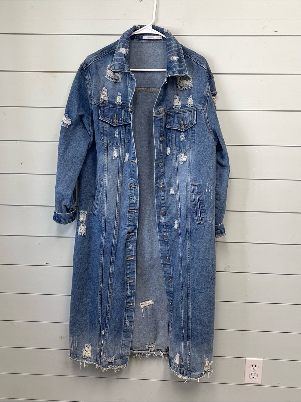 Long Distressed Blue Denim Trench Coat